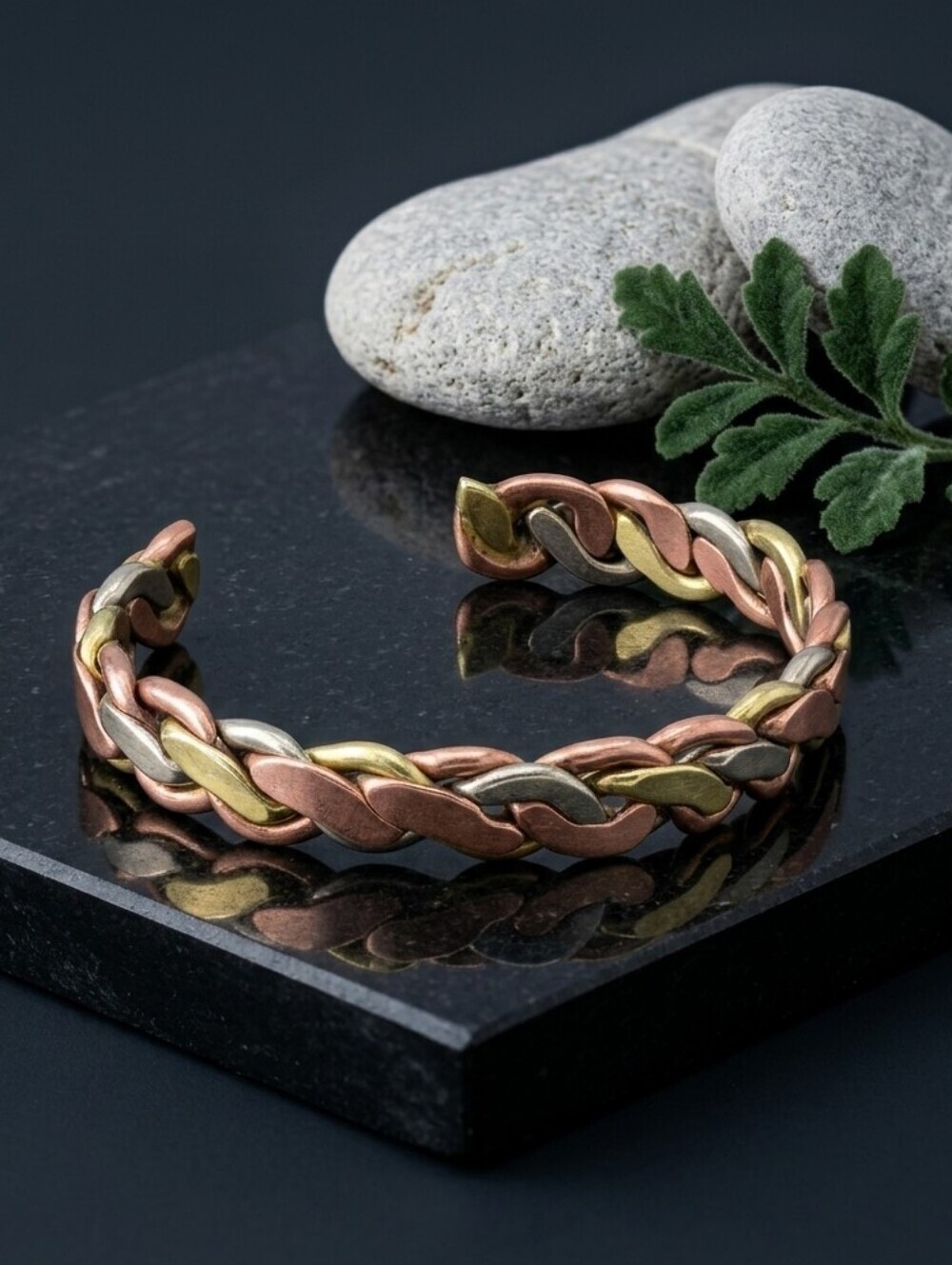 Artisan Copper Brass Silver Braided Cuff Bracelet Mixed Metal Boho Southwestern